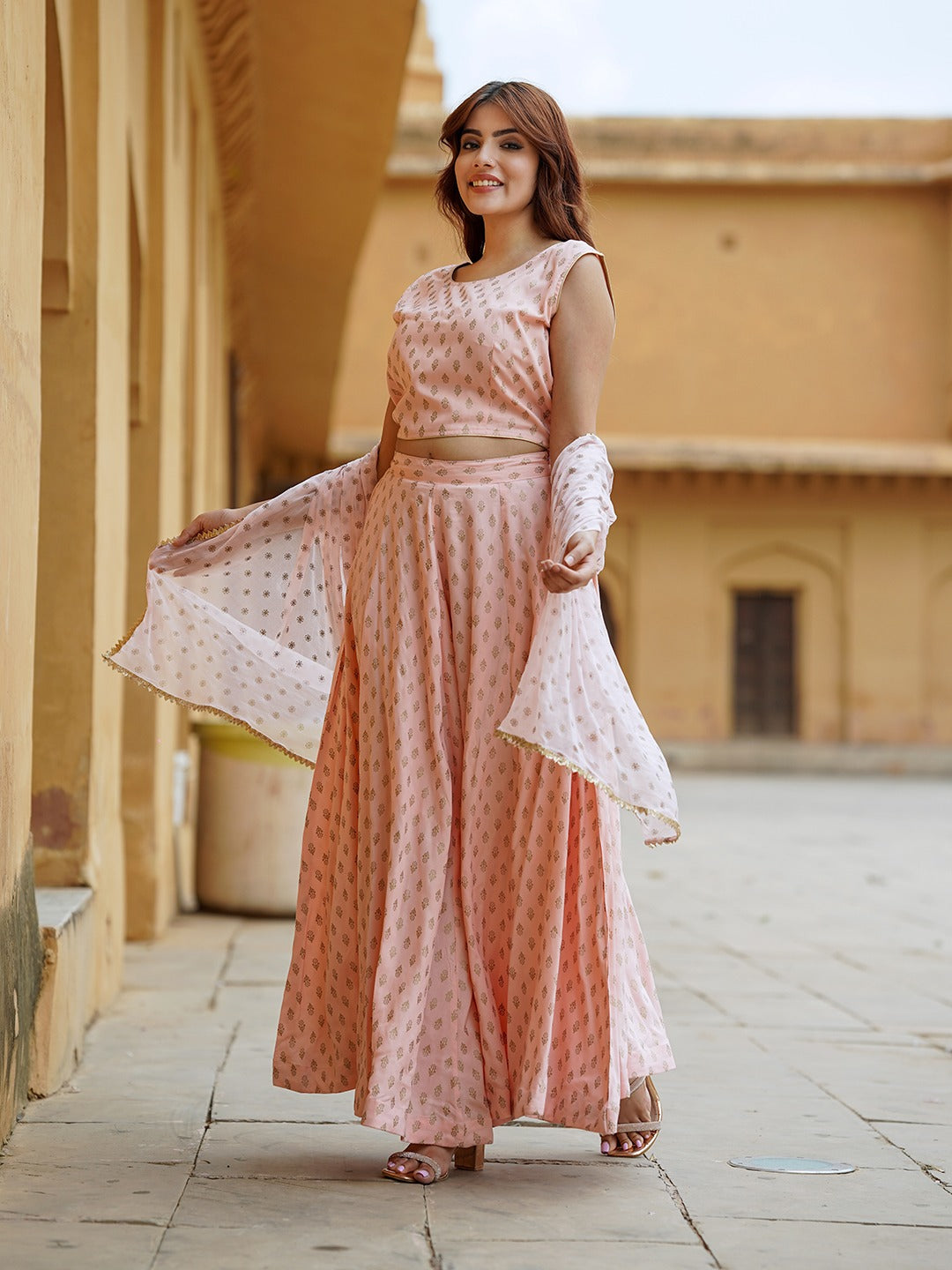 Jaitpuriya Cream Gold Print Lehenga Choli With Dupatta