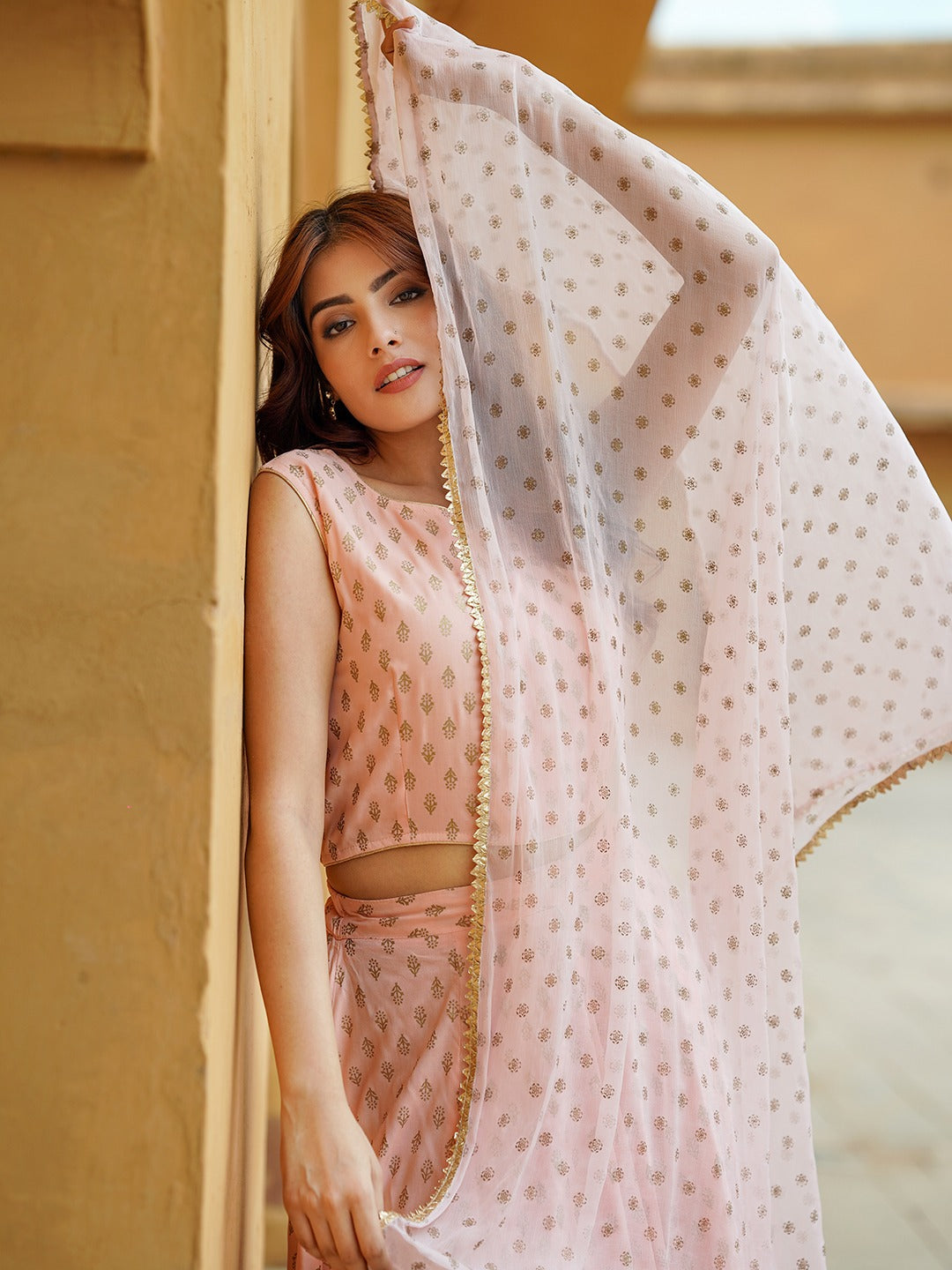 Jaitpuriya Cream Gold Print Lehenga Choli With Dupatta