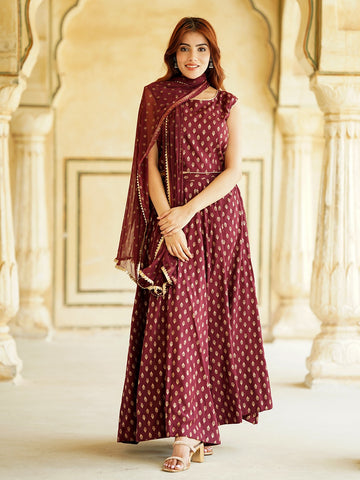 Jaitpuriya Maroon Gold Print Lehenga Choli With Dupatta