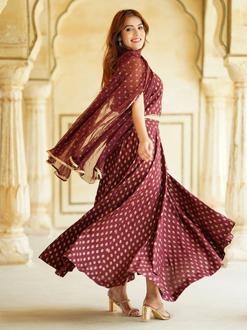 Jaitpuriya Maroon Gold Print Lehenga Choli With Dupatta