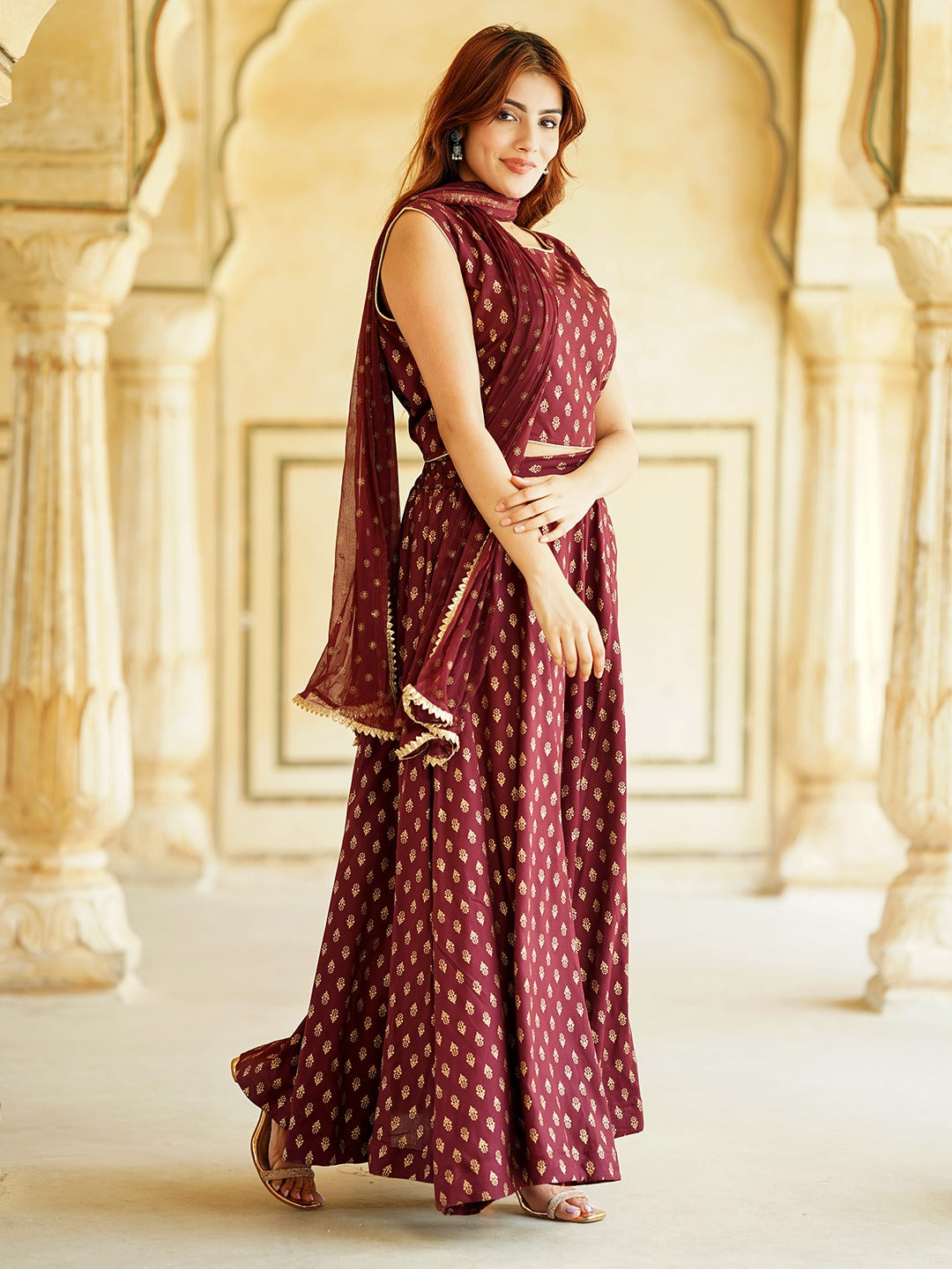 Jaitpuriya Maroon Gold Print Lehenga Choli With Dupatta