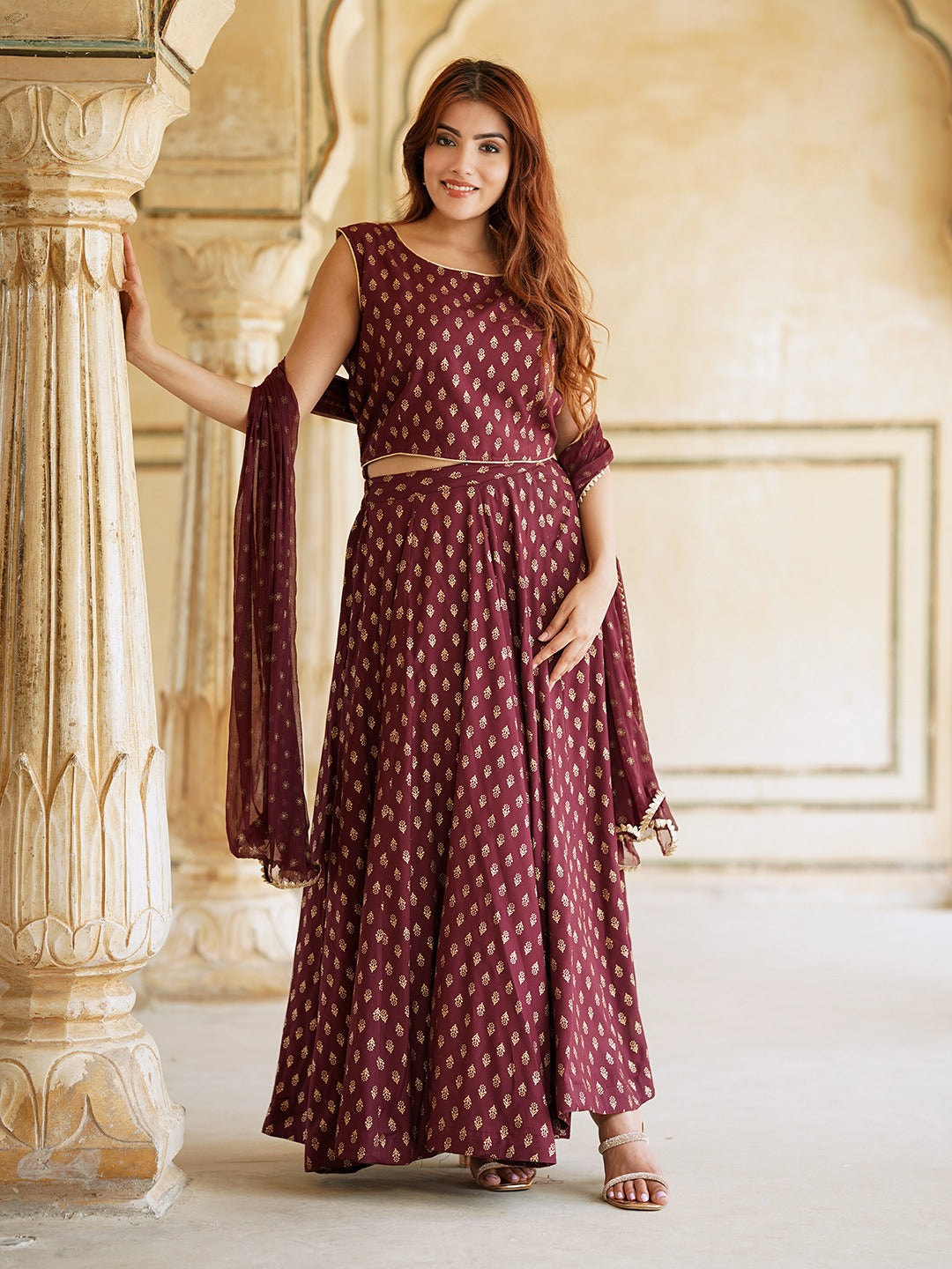 Jaitpuriya Maroon Gold Print Lehenga Choli With Dupatta