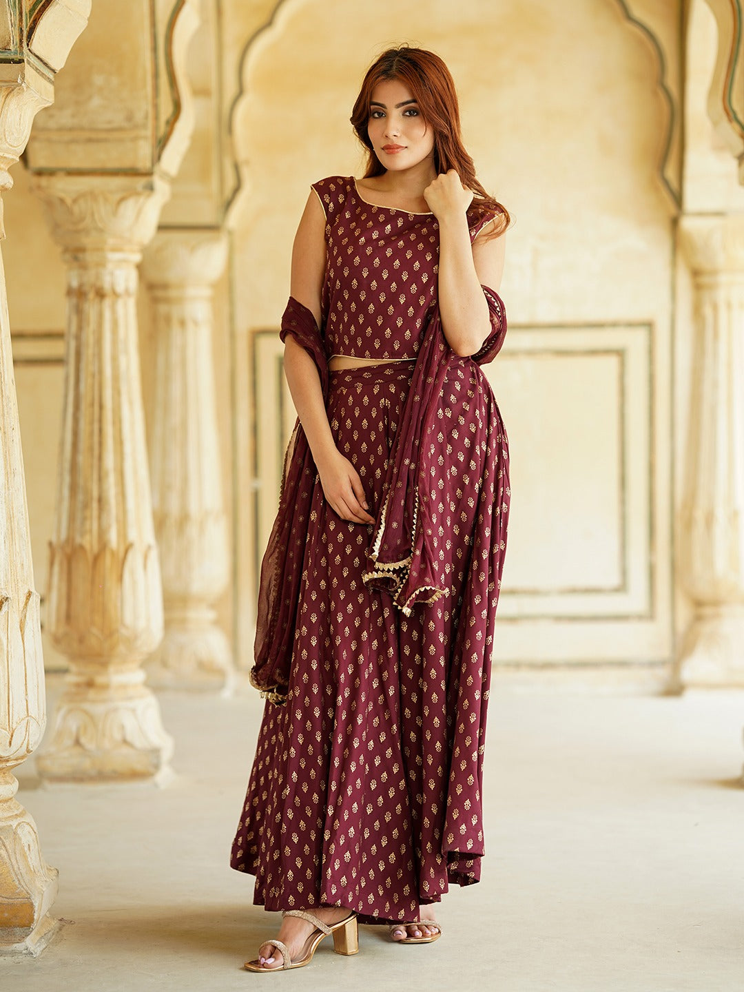 Jaitpuriya Maroon Gold Print Lehenga Choli With Dupatta