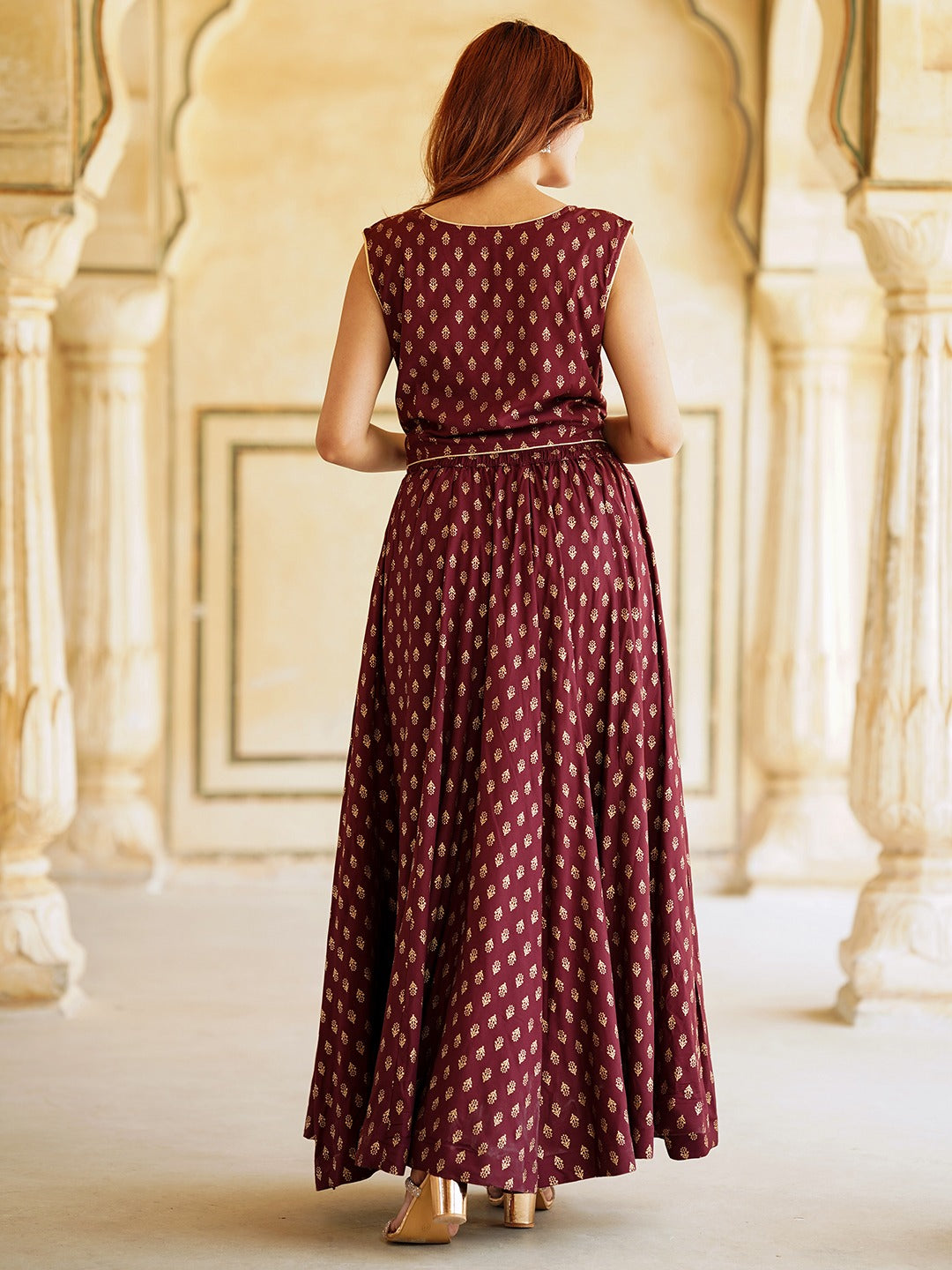 Jaitpuriya Maroon Gold Print Lehenga Choli With Dupatta