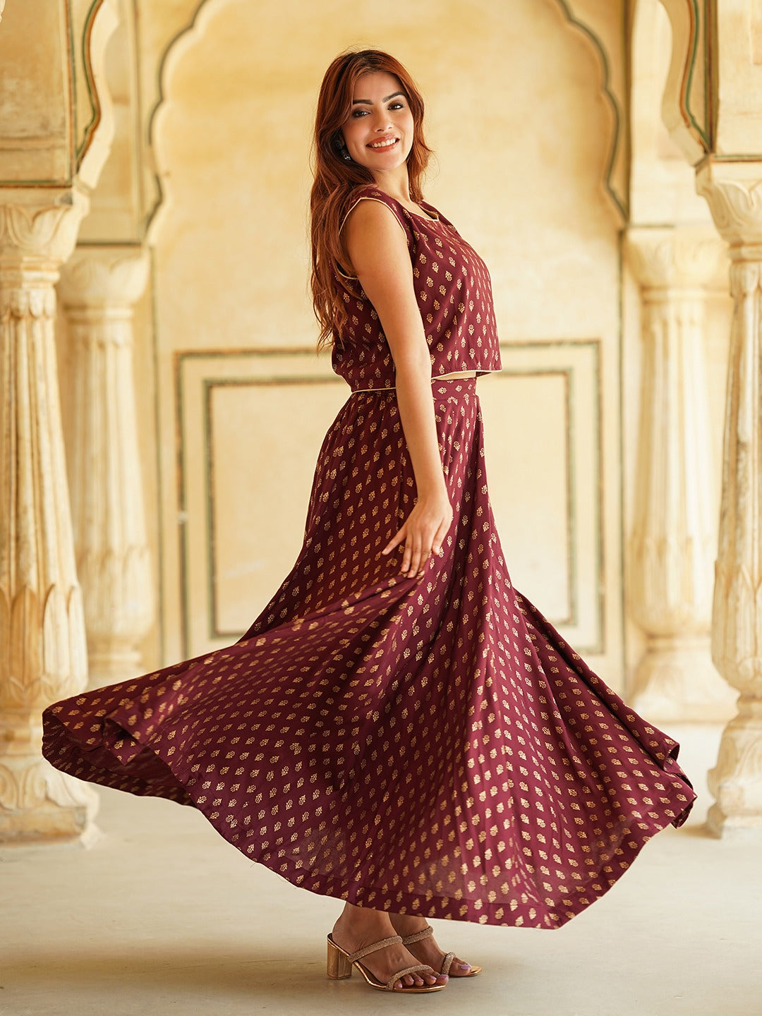 Jaitpuriya Maroon Gold Print Lehenga Choli With Dupatta