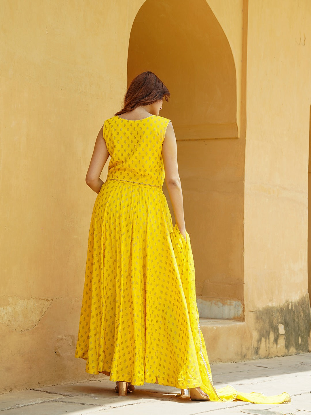 Jaitpuriya Yellow Gold Print Lehenga Choli With Dupatta