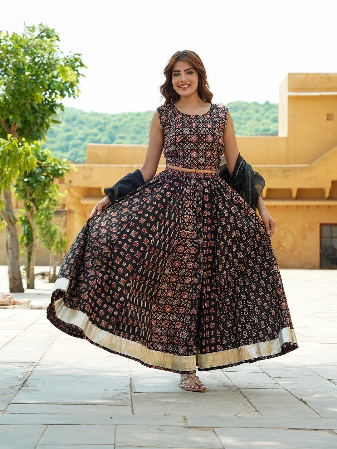 Jaitpuriya Multicolor Gold Print Lehenga Choli With Dupatta