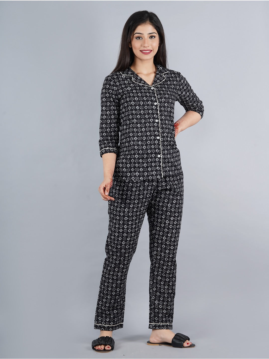 Black Abstract Shirt And Pyjama Night Suit