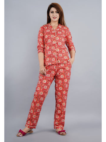 Red Abstract Shirt And Pyjama Night Suit