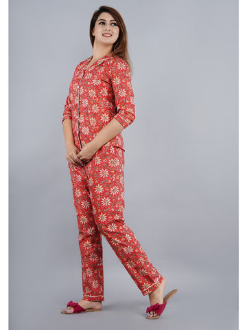 Red Abstract Shirt And Pyjama Night Suit