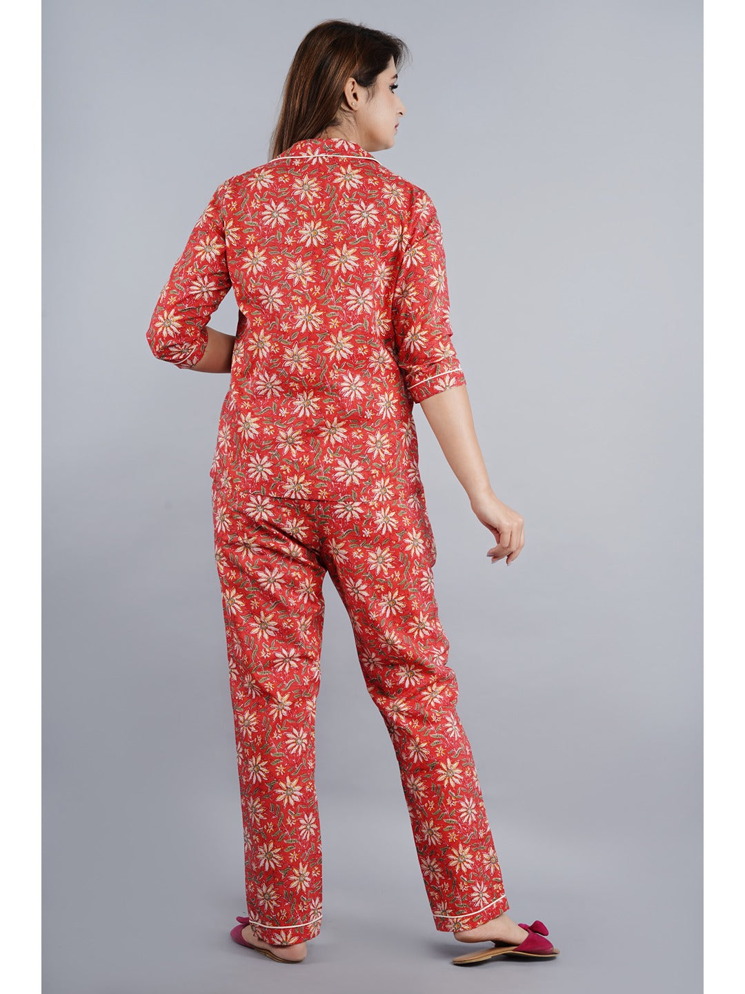 Red Abstract Shirt And Pyjama Night Suit