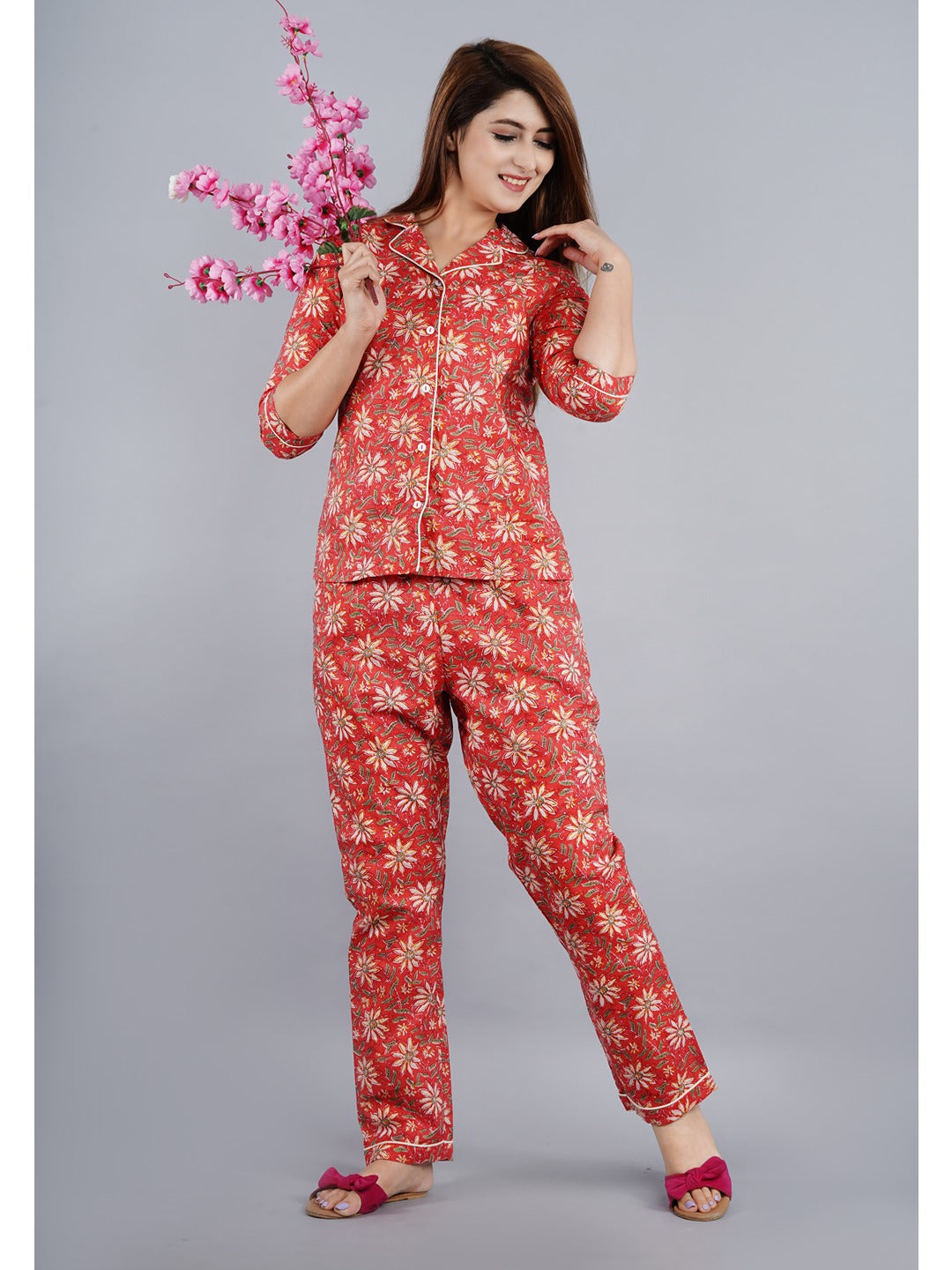 Red Abstract Shirt And Pyjama Night Suit