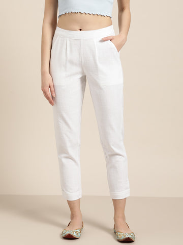 White Relaxed Mid-Rise Slim Fit Cotton Cigarette Trousers