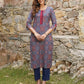 Jaitpuriya Women Blue And Rust Printed A-Line Kurta Pant Set