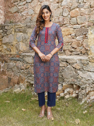 Jaitpuriya Women Blue And Rust Printed A-Line Kurta Pant Set