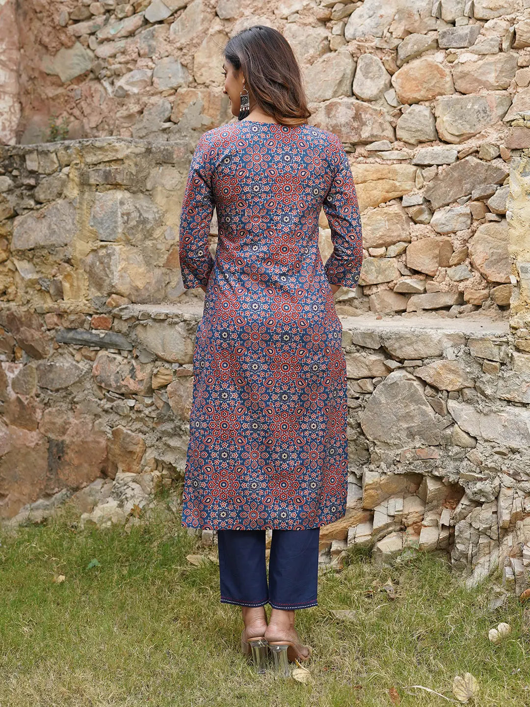 Jaitpuriya Women Blue And Rust Printed A-Line Kurta Pant Set
