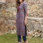 Jaitpuriya Women Blue And Rust Printed A-Line Kurta Pant Set