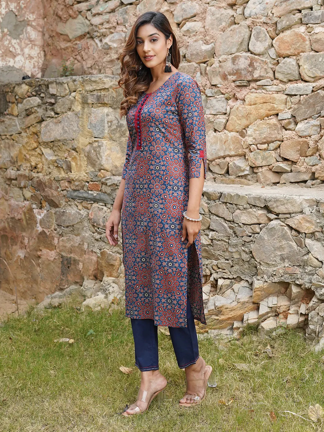 Jaitpuriya Women Blue And Rust Printed A-Line Kurta Pant Set