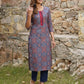 Jaitpuriya Women Blue And Rust Printed A-Line Kurta Pant Set