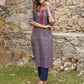 Jaitpuriya Women Blue And Rust Printed A-Line Kurta Pant Set