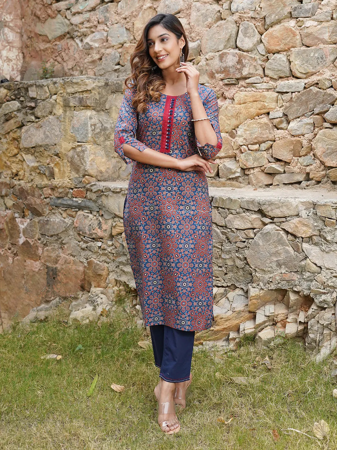 Jaitpuriya Women Blue And Rust Printed A-Line Kurta Pant Set