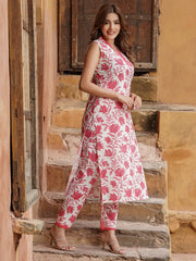 Jaitpuriya Women Red Floral Straight Kurta Pant Set