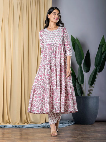 Purple And White Anarkali Kurta With Trouser Set