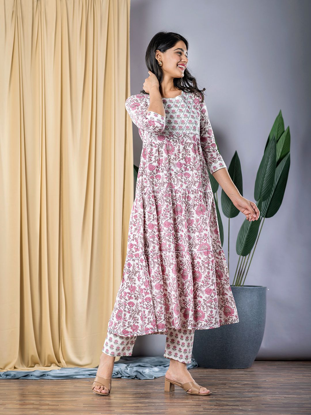 Purple And White Anarkali Kurta With Trouser Set