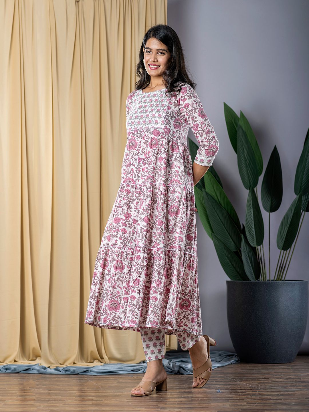 Purple And White Anarkali Kurta With Trouser Set