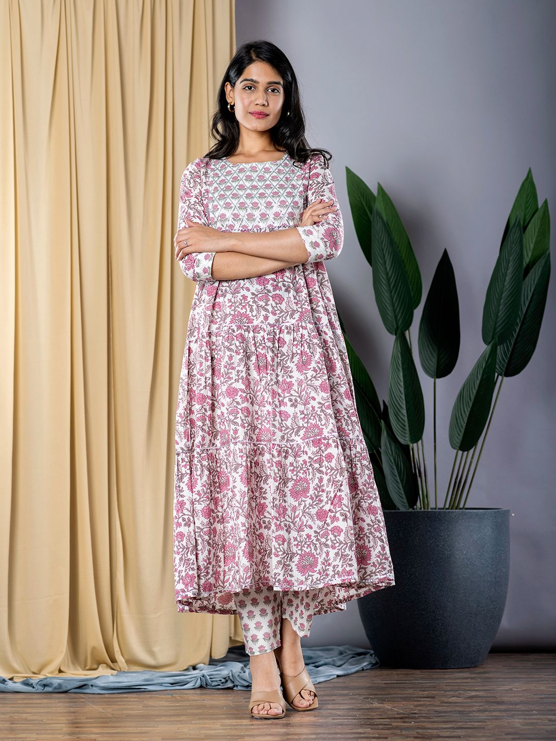 Purple And White Anarkali Kurta With Trouser Set