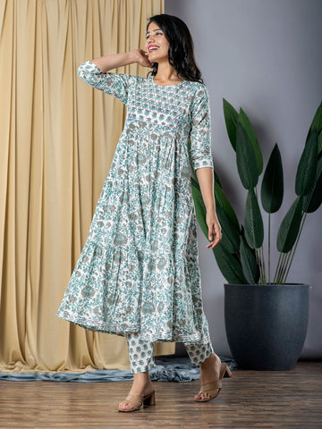 Jaitpuriya Women Grey And Turquoise Anarkali Kurta With Trouser Set Set