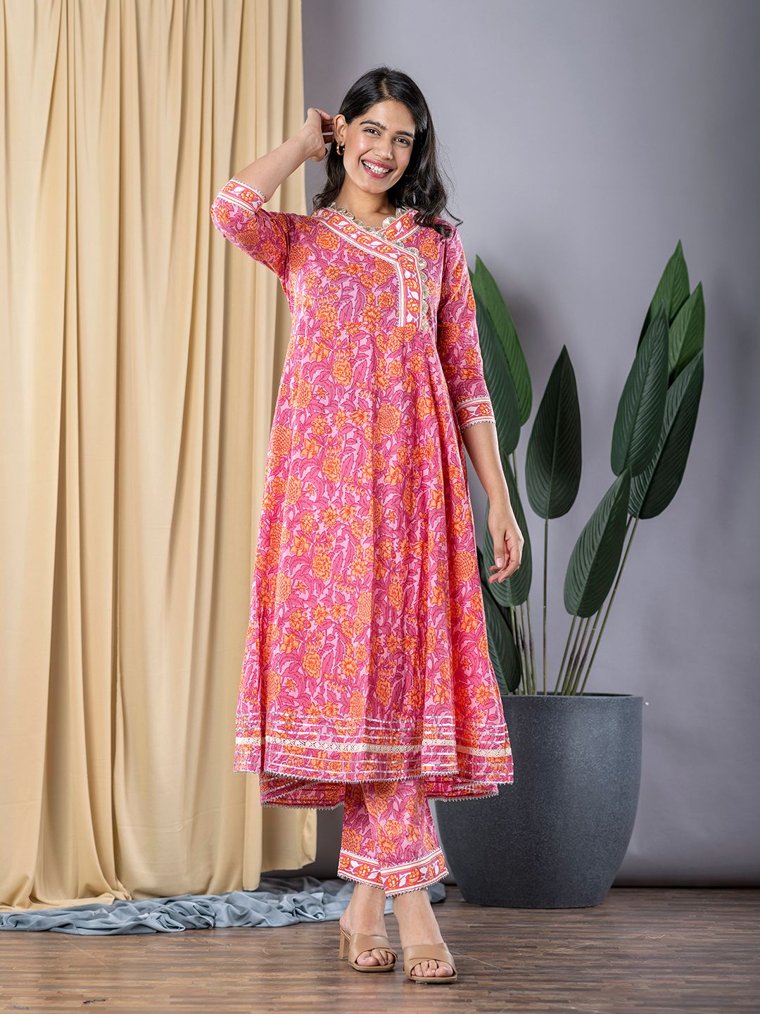 Pink Floral Print Anarkali Kurta With Trouser Set