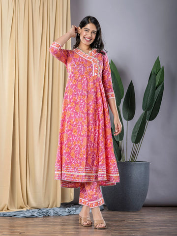 Pink Floral Print Anarkali Kurta With Trouser Set