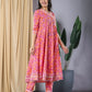 Pink Floral Print Anarkali Kurta With Trouser Set