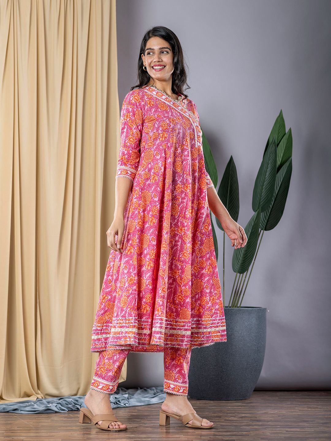 Pink Floral Print Anarkali Kurta With Trouser Set