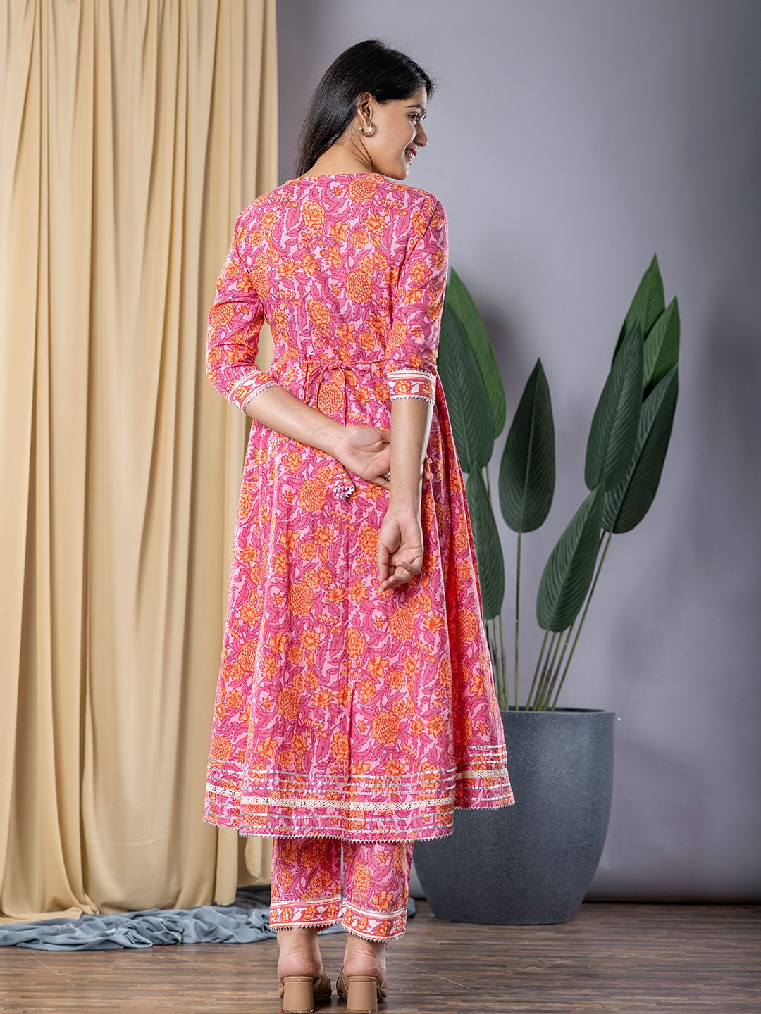 Pink Floral Print Anarkali Kurta With Trouser Set