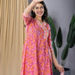 Pink Floral Print Anarkali Kurta With Trouser Set