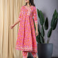 Pink Floral Print Anarkali Kurta With Trouser Set