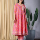 Pink Floral Print Anarkali Kurta With Trouser Set