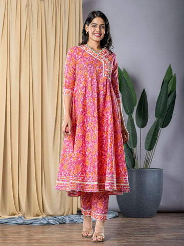 Pink Floral Print Anarkali Kurta With Trouser Set