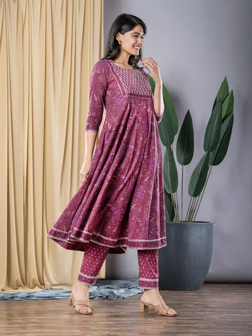 Mauve Anarkali Kurta With Trouser Set