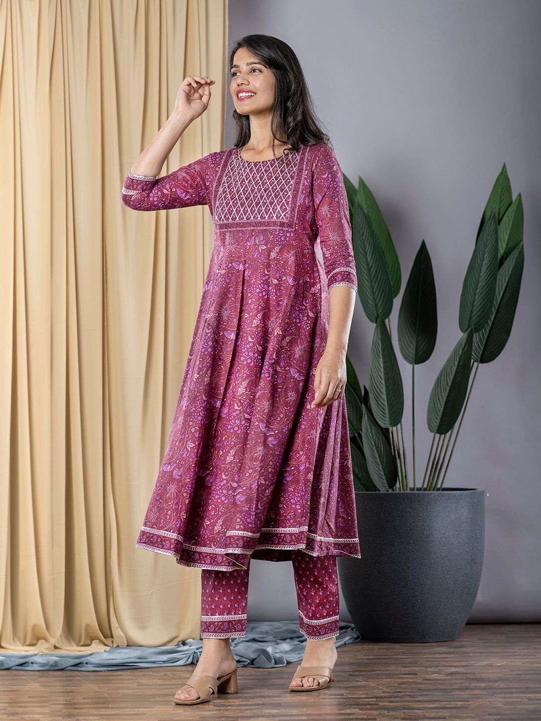 Mauve Anarkali Kurta With Trouser Set