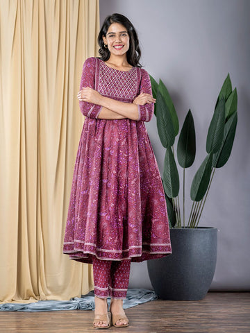 Mauve Anarkali Kurta With Trouser Set