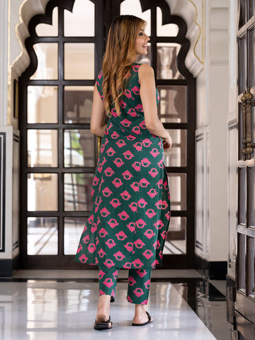 Jaitpuriya Women Dark Green Pure Cotton Straight Kurta Set