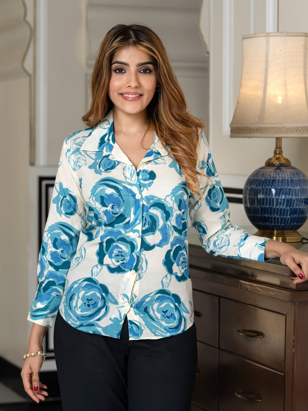 Jaitpuriya Women Blue And White Pure Cotton Shirt Shirts