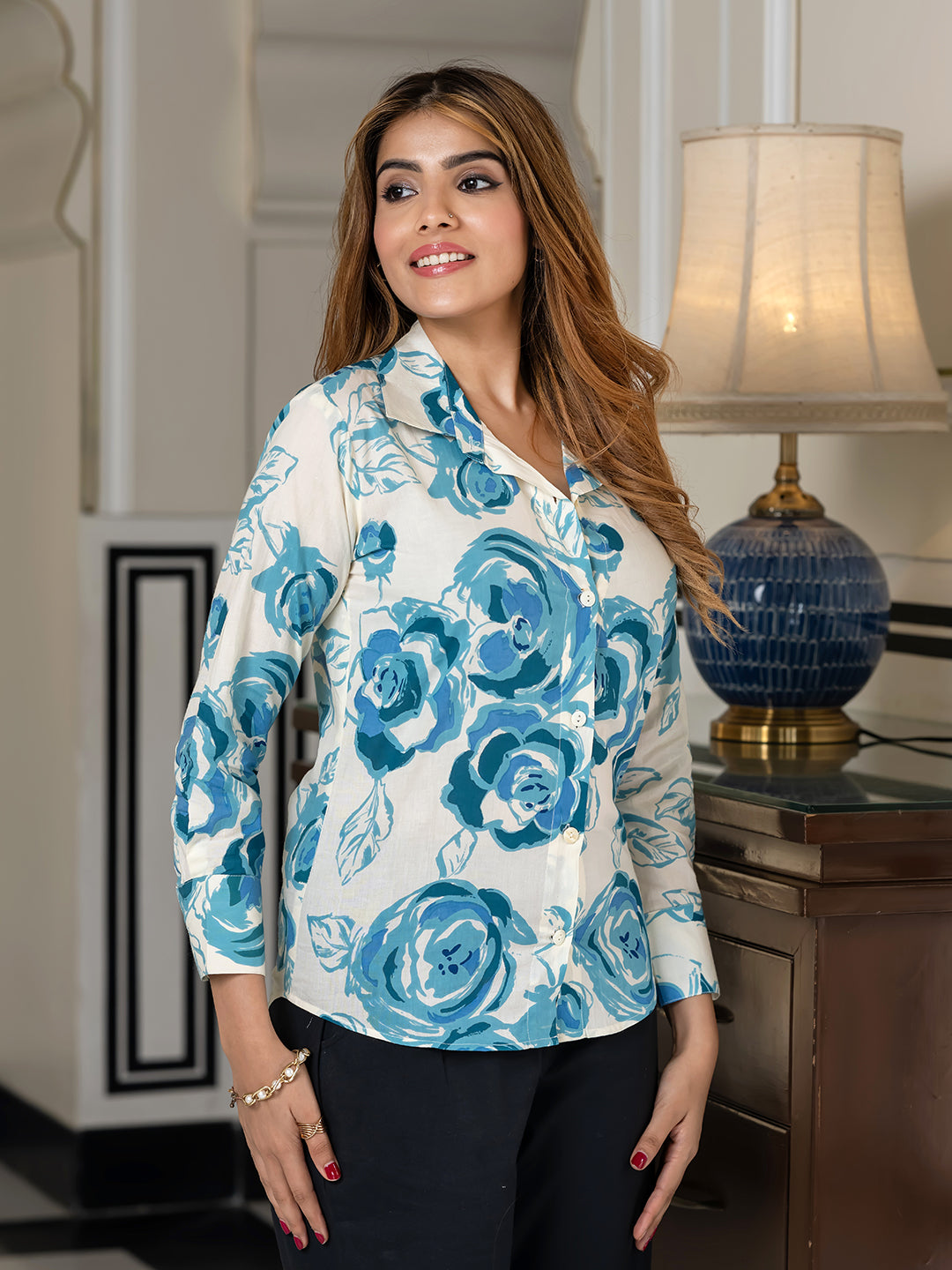 Jaitpuriya Women Blue And White Pure Cotton Shirt Shirts