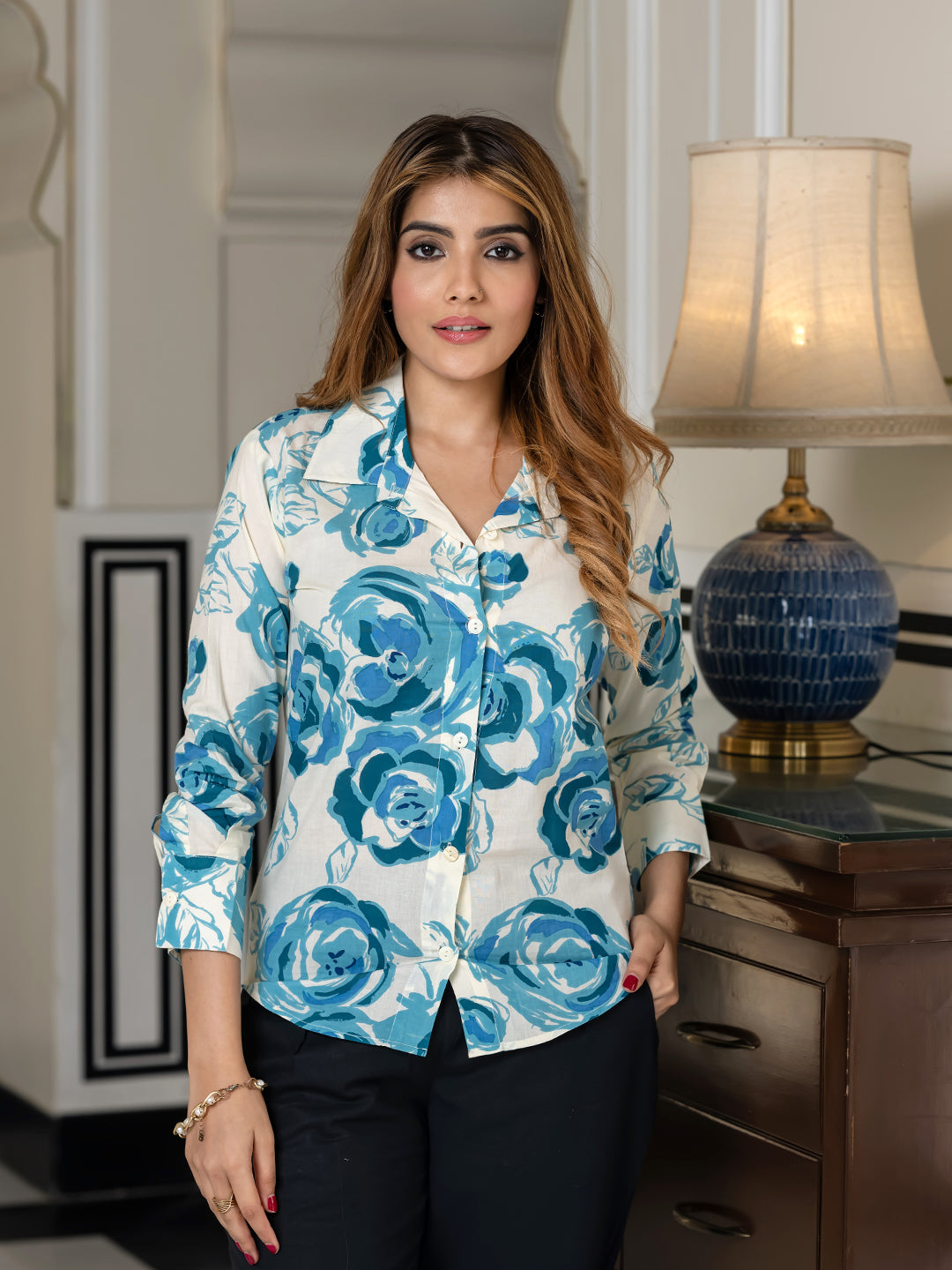 Jaitpuriya Women Blue And White Pure Cotton Shirt Shirts