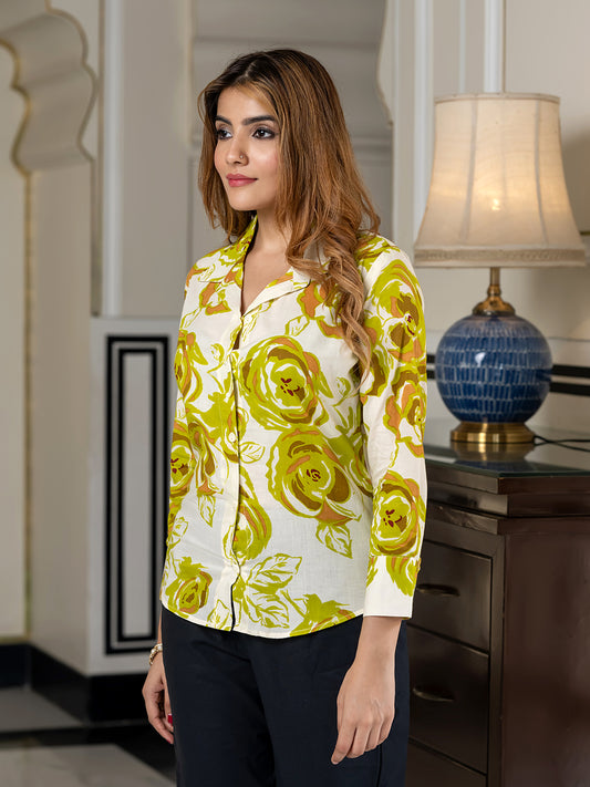 Jaitpuriya Women Green And White Pure Cotton Shirt Shirts