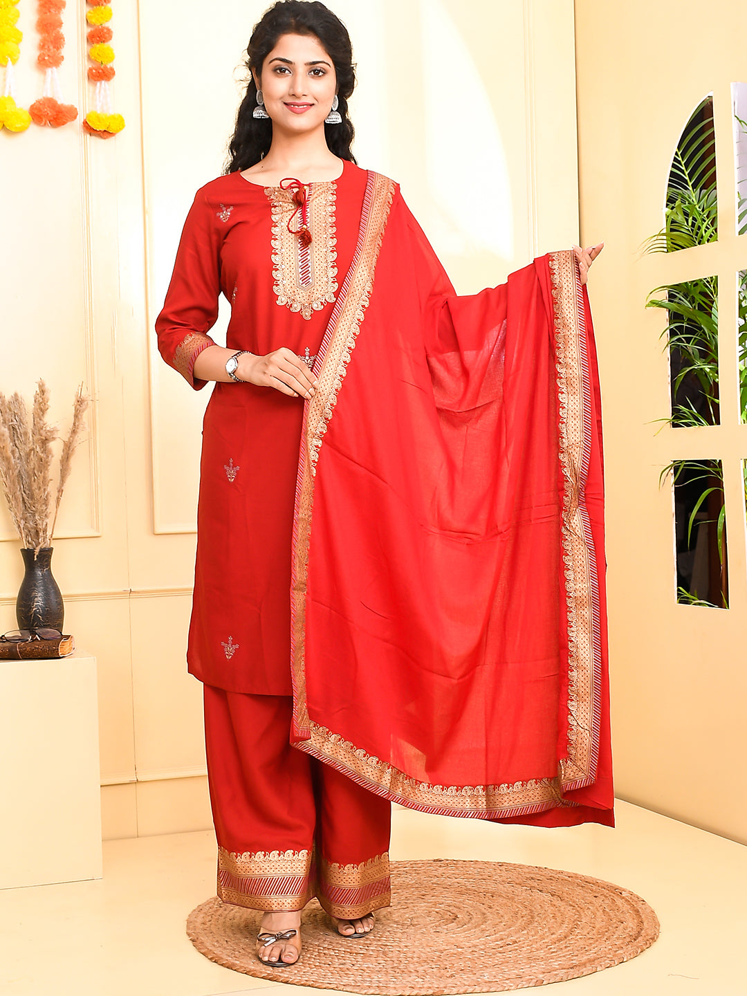 Jaitpuriya Women Maroon golden Straight Kurta Palazzo and Dupatta Set
