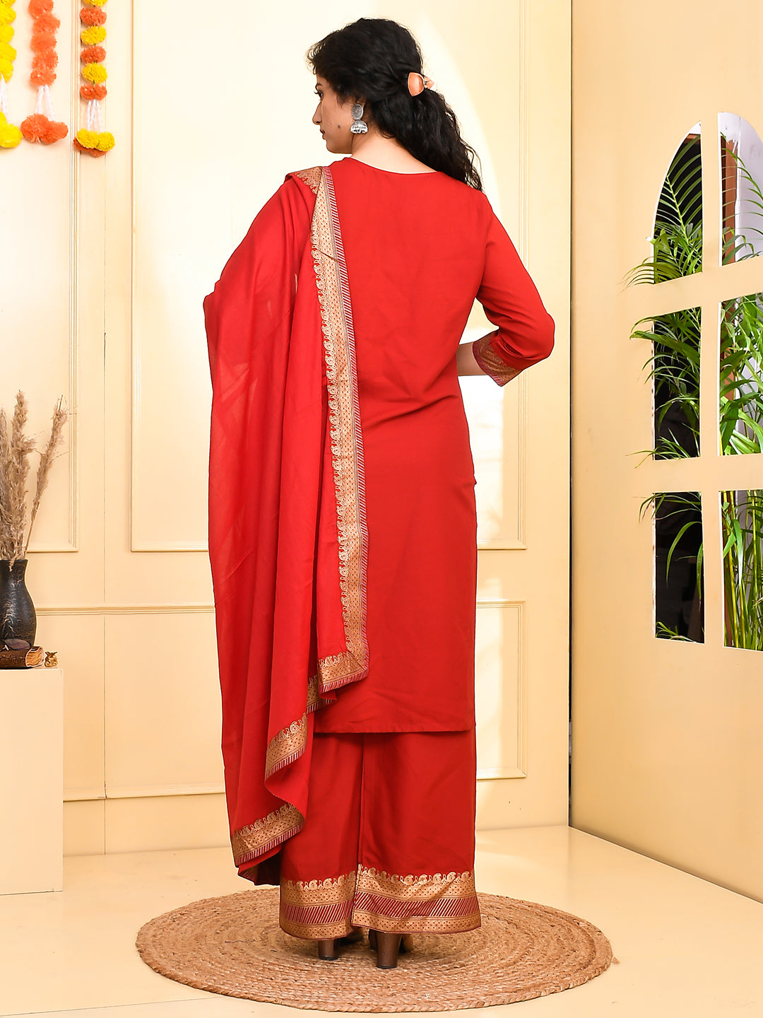 Jaitpuriya Women Maroon golden Straight Kurta Palazzo and Dupatta Set